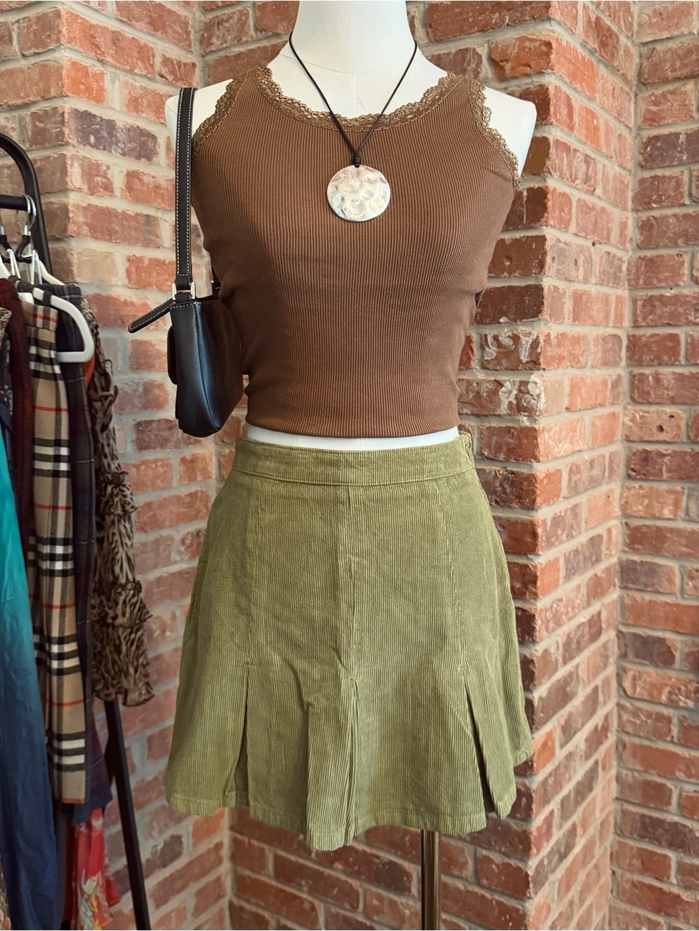 olive green corduroy pleated mini skirt
